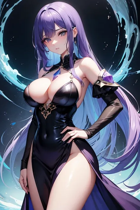 Obra maestra, La mejor calidad, 1girl, with long, iridescent hair in purple tones, azul, y verde, con un elegante traje negro, standing in a dramatic pose with one hand on the hip and the other holding a magic crystal ball. en segundo plano, A swirl of lig...