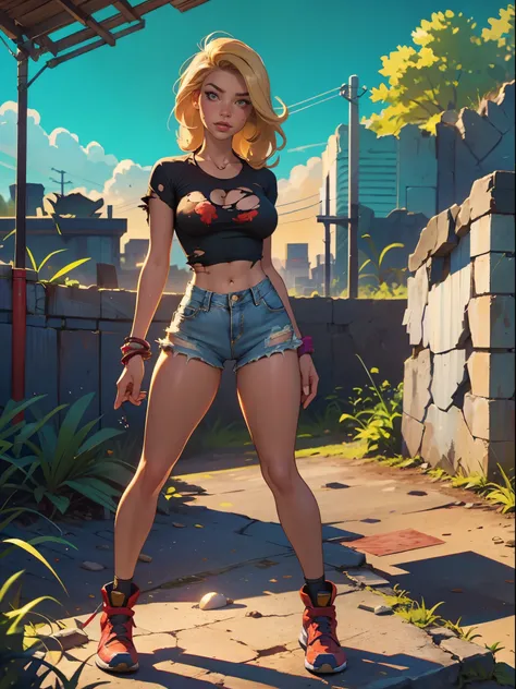 2076 year. The Urban Ruins of the Wasteland, Female huntress picking fruit in the garden, beautiful face, blonde, badly torn shirt and denim shorts ,  long legs, sweating through, sun rising, Nice warm colors, head to toe, full body shot, pretty hands, per...