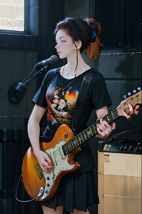 top-quality、8K images、((On the table, Best quality at best))1 girl in, Alone, Black dress, eBlue eyes, electric guitar, guitar, Earphone, double-ponytail, ngel, holding pick, music instrument, long whitr hair, Music, One side facing up, cyanhair, double ta...