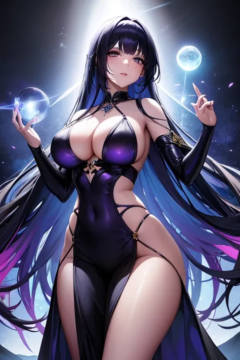 Obra maestra, La mejor calidad, 1girl, with long, iridescent hair in purple tones, azul, y verde, con un elegante traje negro, standing in a dramatic pose with one hand on the hip and the other holding a magic crystal ball. en segundo plano, A swirl of lig...