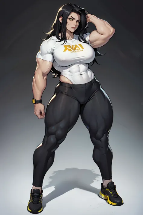 pale skin 1girl muscular toned body huge breasts thick thighs black hair yellow eyes bodybuilder tight shirt and pants full body long hair grey background muscular muscular muscular muscular muscular muscular