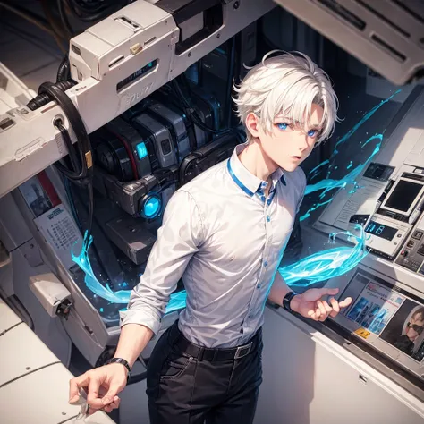 10 young man 17 years old with short white hair, has blue eyes