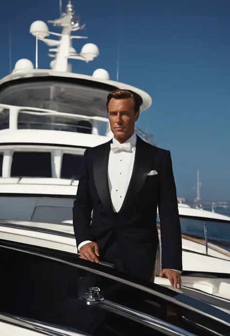 A lavish private yacht with a view of the open sea,original,A towering figure in Hollywood, exudes an intimidating presence with his broad shoulders and piercing gaze, often seen in impeccably tailored suits that signal his power and status. His face, mark...