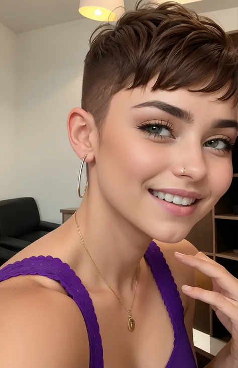 Photo of a 15-year-old European girl, .RAW, beautiful woman,pecas en mejillas y pecho ,hermosos  ojos azules(Light brown hair pixie haircut),corte de cabello pixie ((retrato)), ((Cara detallada:1.2)), ((Detailed facial features)), (Piel finamente detallada...