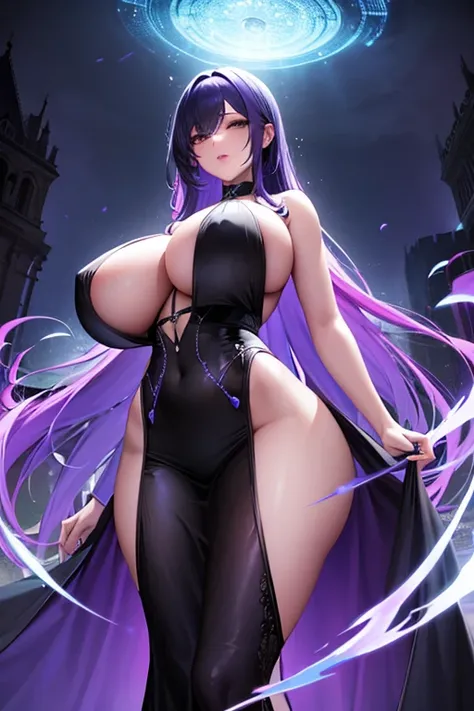 Obra maestra, La mejor calidad, 1girl, with long, iridescent hair in purple tones, azul, y verde, con un elegante traje negro, standing in a dramatic pose with one hand on the hip and the other holding a magic crystal ball. en segundo plano, A swirl of lig...