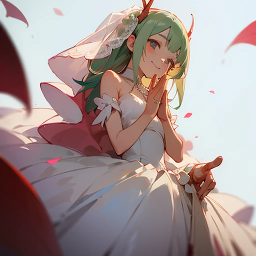 Anime style portray, Half Praying mantis girl, wearing wedding gown, bloody finger tips, smiling.