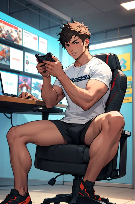 mascot of the casa Bahia store in only underwear sitting on the gaming chair with the video game controller in his hand with his leg slightly open