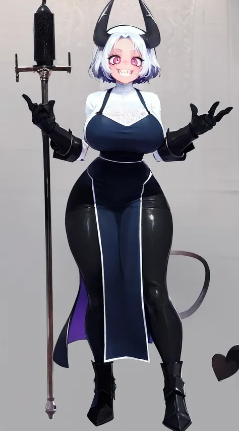 nun, demon girl, walking, , warpriesstes, silver hair, short hair, sacred gauntlets, long ski, cute smile, pure smile, love smile,,veillong skirt, pantyhose, staff holding, armor, gloves, standing, full body,sharpteeth,standing, full body, happy, joyfull