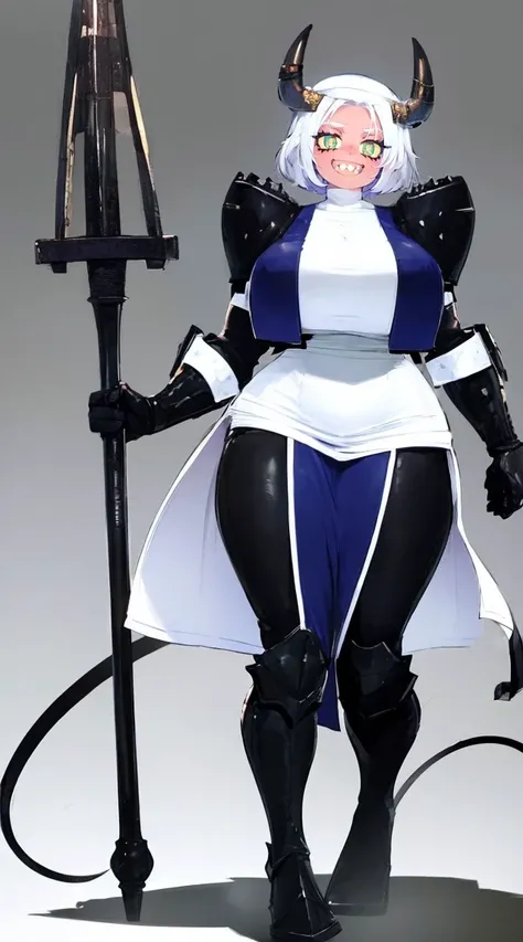 nun, demon girl, walking, , warpriesstes, silver hair, short hair, sacred gauntlets, long ski, cute smile, pure smile, love smile,,veillong skirt, pantyhose, staff holding, armor, gloves, standing, full body,sharpteeth,standing, full body, happy, joyfull