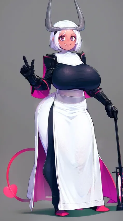 nun, demon girl, walking, , warpriesstes, silver hair, short hair, sacred gauntlets, long ski, cute smile, pure smile, love smile,,veillong skirt, pantyhose, staff holding, armor, gloves, standing, full body,sharpteeth,standing, full body, happy, joyfull