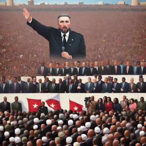 A horizontal realism painting of Fidel Castro facing a crowd of African Americans giving a speech at the Million Man March at the Washington monument, include a 11 man Cuban military defense team behind him a long with American congressman & foreign dignit...