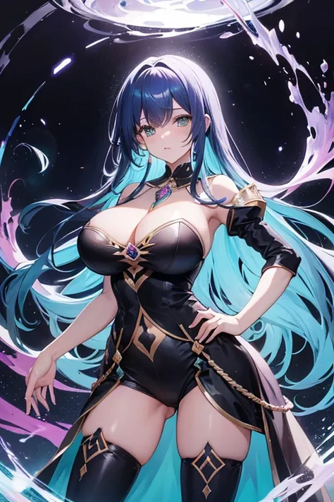 Obra maestra, La mejor calidad, 1girl, with long, iridescent hair in purple tones, azul, y verde, con un elegante traje negro, standing in a dramatic pose with one hand on the hip and the other holding a magic crystal ball. en segundo plano, A swirl of lig...