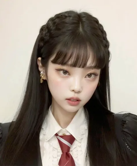 hay una mujer de pelo largo con corbata y traje, Ella tiene el pelo negro con flequillo, ulzzang, El Corte Hime, Cabello limpio con flequillo, con flequillo completo, Cabello negro Hime cortado, Peinado blanco de corte hime, con flequillo, cruel korean got...