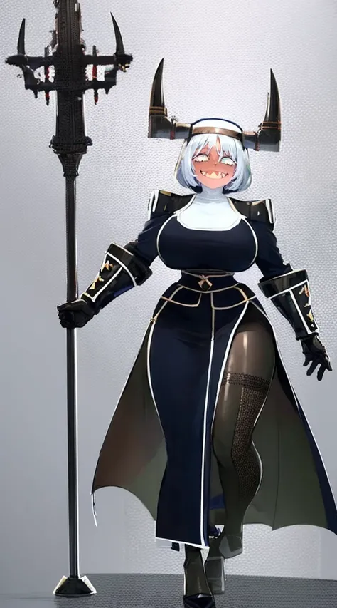 nun, demon girl, walking, , warpriesstes, silver hair, short hair, sacred gauntlets, long ski, cute smile, pure smile, love smile,,veillong skirt, pantyhose, staff holding, armor, gloves, standing, full body,sharpteeth,standing, full body, happy, joyfull