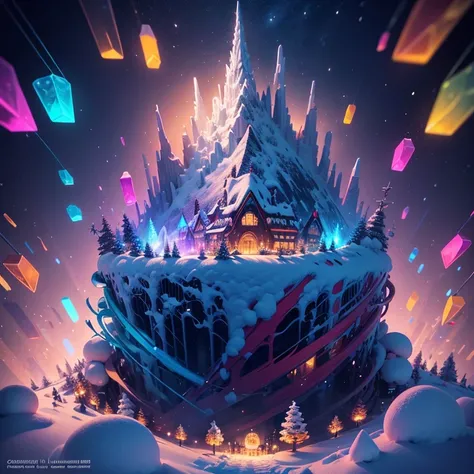 a close up of a poster with a snow scene and a mountain, vincent callebaut composition, winter concept art, by Jason Benjamin, award-winning concept art, award winning concept art, intricate and epic concept art, kilian eng and thomas kinkade, crystals enl...