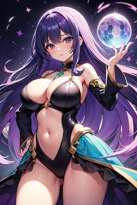 Obra maestra, La mejor calidad, 1girl, with long, iridescent hair in purple tones, azul, y verde, con un elegante traje negro, standing in a dramatic pose with one hand on the hip and the other holding a magic crystal ball. en segundo plano, A swirl of lig...