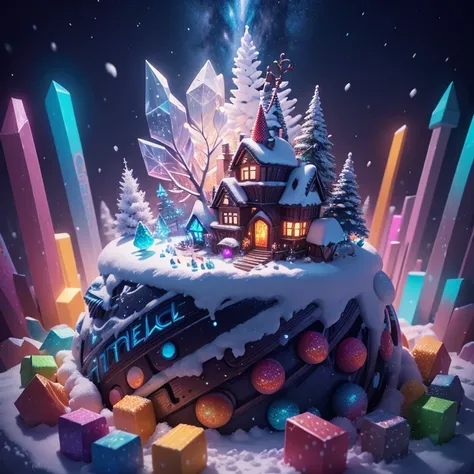 a close up of a poster with a snow scene and a mountain, vincent callebaut composition, winter concept art, by Jason Benjamin, award-winning concept art, award winning concept art, intricate and epic concept art, kilian eng and thomas kinkade, crystals enl...