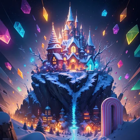 a close up of a poster with a snow scene and a mountain, vincent callebaut composition, winter concept art, by Jason Benjamin, award-winning concept art, award winning concept art, intricate and epic concept art, kilian eng and thomas kinkade, crystals enl...