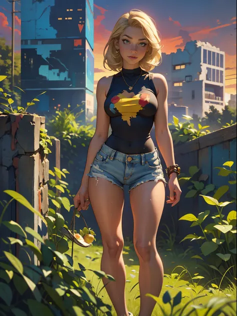 2076 year. The Urban Ruins of the Wasteland, Female huntress picking fruit in the garden, beautiful face, blonde, badly torn shirt and denim shorts ,  long legs, sweating through, sun rising, Nice warm colors, head to toe, full body shot, pretty hands, per...