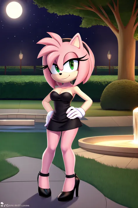 full body, Amy Rose, seductive, medium breast, bare shoulder, little black dress, strapless dress, skin-tight dress, black high heels, full moon, at night, park background, smile, hand on hip, standing next to a water fountain, 2D illustration