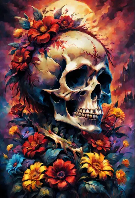 (best quality,32k,professional artists image,jsbw style),sinister skull in a fantasy world,gloomy gothic atmosphere,vibrant flowers,rich colors