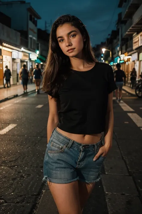 fotografia de uma mulher de 19yo, rosto perfeito, standing on her feet, passeando na cidade a noite