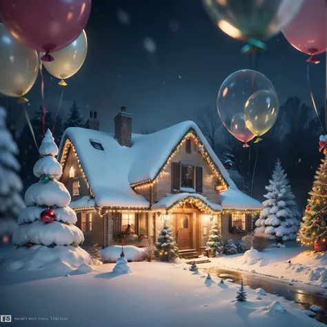 Show a beautiful landscape,  house covered with snowfalls, decorated with Christmass trees, balloons, led light. Pixar style, 4k,s15 --auto --s2