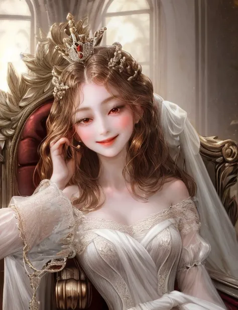 1 girl, portrait of the empress, crown, red eyes, brown hair, white dress, royal family, elegant, pretty smile, front focus, focus eyes, details, sit in chair