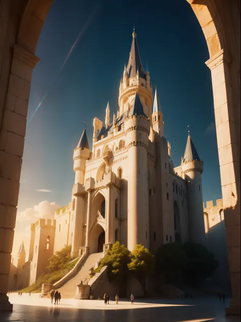 A giant castle of marble inside the middle of a medieval city , illuminated by sun light , wide angle , high detail