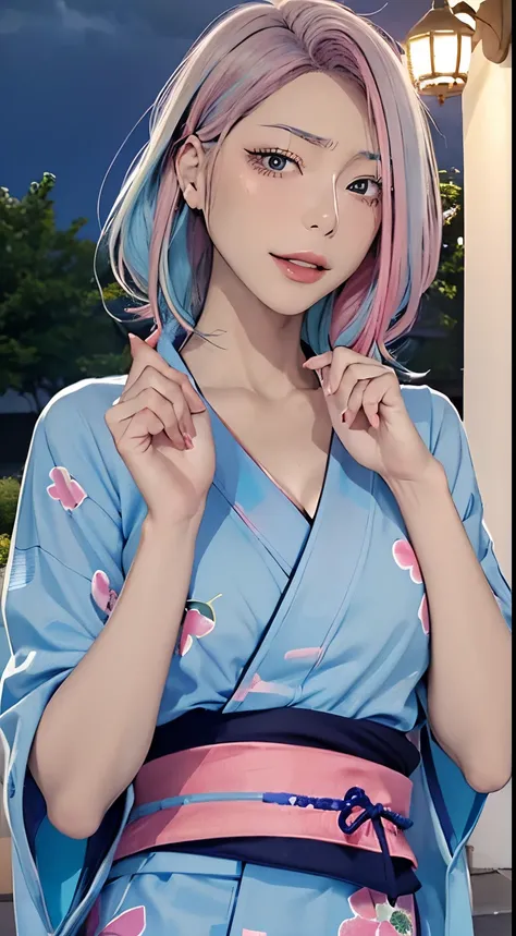 (masutepiece), (((Highest Quality)), (super detailed), 1 girl, (Iridescent hair, Colorful hair, Half blue and half pink hair: 1.2), 17 years old, (Yukata: 1.2), Midsummer Night、plein air, Bangs, Smile, sky-blue eyes, Perfect hands, Perfect hands, Hand Deta...