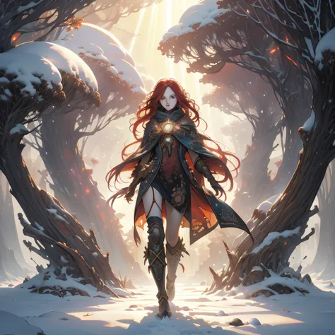 a new ancient alien land of surreal creativity and unnatural concepts, a woman with long red hair and a long cape is walking alo...