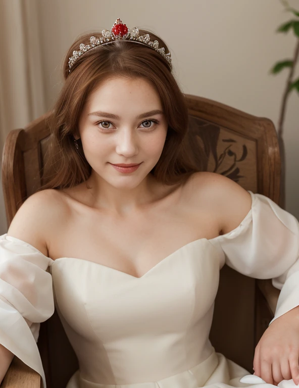 1 lady, portrait of the empress, crown, red eyes, brown hair, white dress, royal family, elegant, pretty smile, front focus, focus eyes, details, sit in chair, 25 year old lady