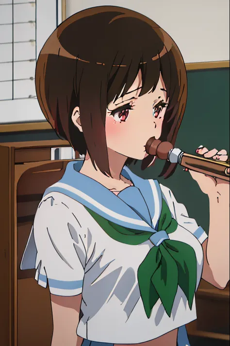 Nfsw,(((1girl,1boy,fellatio)))Best Quality, masutepiece, hight resolution, , {Nakaseko_aroma_Sound Euphonium:1.15}, Short_hair, brown_hair, serafuku, Mole, Mole_Under_eye, blush, Red_Eyes, Bangs, Blurry, 1girl in, Anime_Coloring, brown_Shirt, Indoors, musi...