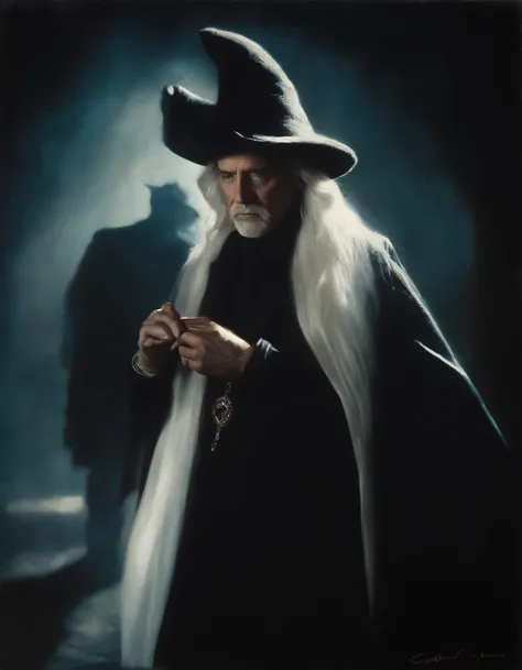 Fantasy oil painting, White Wizard, enigmatic, dramatic shadow, dark colors, rich colors, high contrast, dramatic facial shadows, sinister elegance