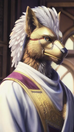 portrait griffin wearing white robes, intricate, photorealistic, highly detailed, 8K, stoic, two-tone feathers, white and gold feathers