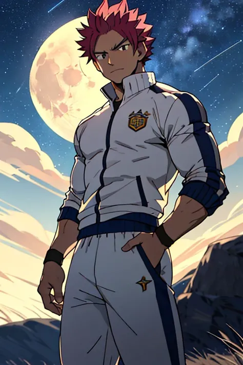 Draw a full-fledged footballer，muscular Standing on the steppe at night，He was wearing a tracksuit，The man looks confident and determined，looking-down，Crew cut，full bodyesbian，Stars dot the sky，shooting from below，Big moon highlights background, Natsu Drag...