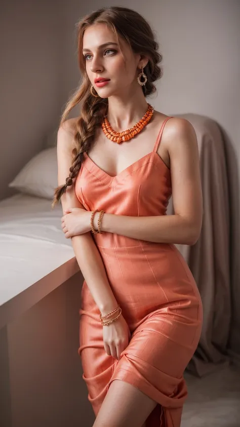 Braid hair, (RAW photo, realism: 1.8), (very Orange lip gloss, jet orange  lipstick, many eyelashes, dark Orange eye shadow, very shy, very blushing, high quality, high resolution, blond brown shiny hair, depth of field, chromatic aberration, caustic, wide...