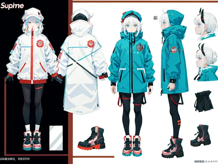 Supreme， Insulated jacket &quot;Snowman&quot;，white hair，white eyes，Standing on your feet，submachine gun，Chinese girl design，Detailed Genshin graphics，anime character design，anime concept art，pretty anime character design，anime character reference sheet，[c...