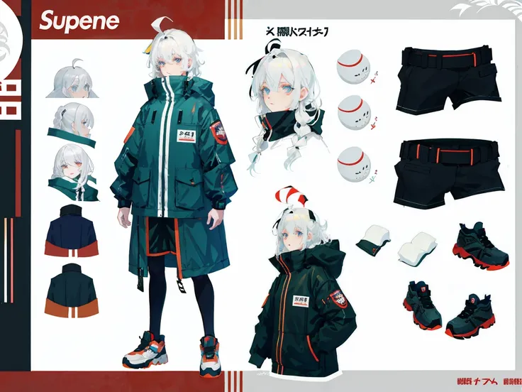 Supreme， Insulated jacket &quot;Snowman&quot;，white hair，white eyes，Standing on your feet，submachine gun，Chinese girl design，Detailed Genshin graphics，anime character design，anime concept art，pretty anime character design，anime character reference sheet，[c...