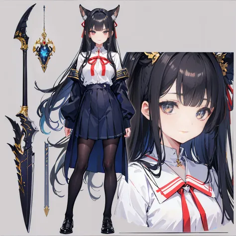 (Piece masuter,Best Quality,Ultra-detailed), (Character Sheet:1.2),full - body, school uniform, frontal view, side glance, seen from behind, golden eyes, glowing pupils, Delicate hair decorations, long straight black hair, Two-tailed, bow ribbon, Bright sm...