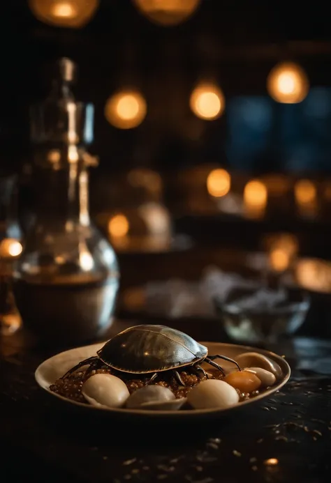 Roasted Thai horseshoe crab、Countless small horseshoe crab eggs are spilling out on half of the plate..、Thai alcoholic beverages are on the table._Siam jar and on the rocks are placed。