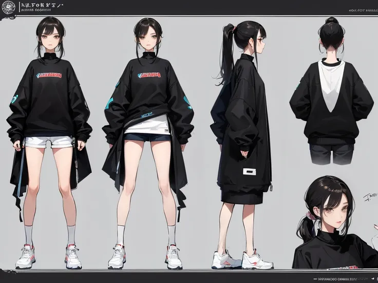 ((Masterpiece, Highest Quality)), Detailed Face, CharacterDesignSheet， full bodyesbian, Full of Details, multiple poss and expressions, Highly detailed, depth, many details，girl with black hair，hairlong，low ponytail，Thin，Thin，with slender legs，white sweats...