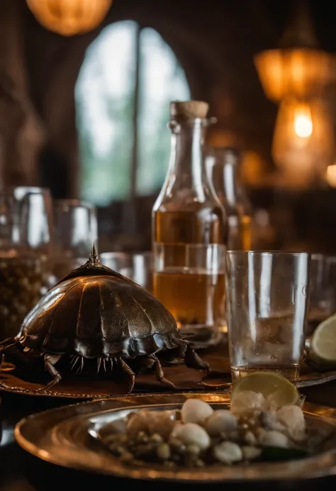 Roasted Thai horseshoe crab、Countless small horseshoe crab eggs spilled over half of the plate...、Thai alcoholic drinks are on the table._There is a Siamese jar and on the rock.。