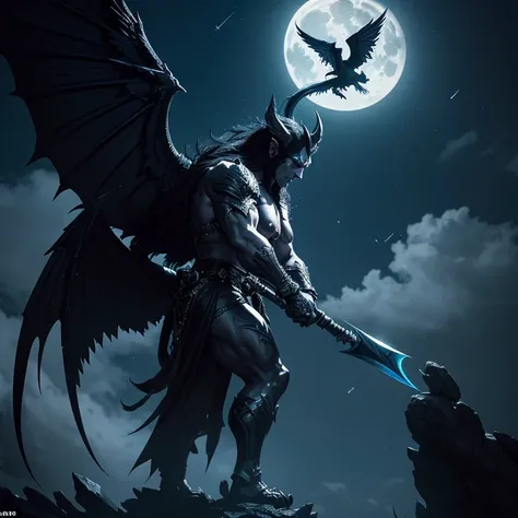 A massive gargoyle with long black hair and sharp, demonic features with his wings outspread, spear tipped tail flicking behind him. He is being bathed in moonlight, revealing the beautiful blue iridescence of his skin.