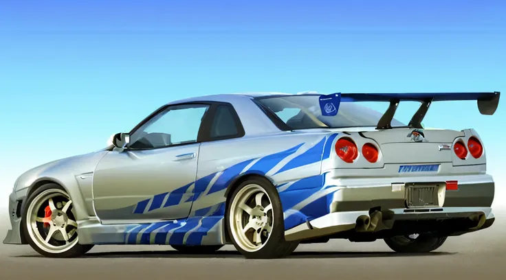 a close up of a car with a blue and white design on it, nissan gtr r 3 4, anime car wrap, in a modified nissan skyline r34, cobbled together nissan r34 gtr, full view of a sport car, fast and furious, sports car, sport car, realistic cars, the fast and the...