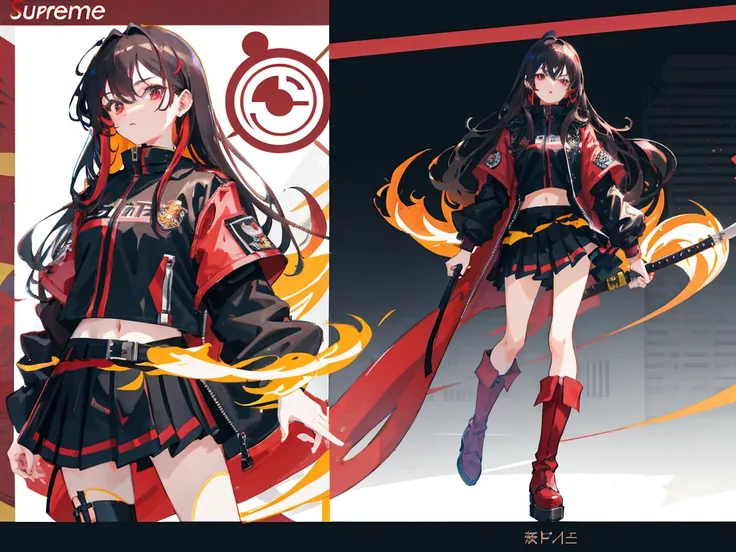 supreme，1girll，long legs，maroon and black shirts， Upskirt，windproof boots，Large red and black trench coat，Long red and black hair，red eyes，standing pose，Red Katana，HighestQuali,4k，Chinese girl design，tiger girl, tiger hybrid, bare belly, Detailed Genshin g...