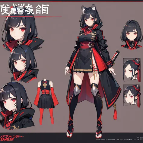 (Piece masuter,Best Quality,Ultra-detailed), (Character Sheet:1.2),full - body, supreme，1girll，long legs，maroon and black shirts， Upskirt，windproof boots，Large red and black trench coat，Long red and black hair，red eyes，standing pose，Red Katana，HighestQuali...