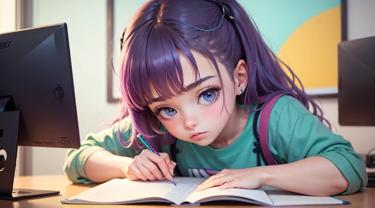 crie uma imagem de uma menina estudando estilo lofi, a imagem deve ser muito atraente usando cores opostas na roda de cores, should awaken a feeling of focus and productivity