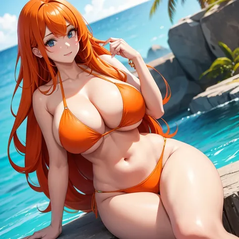 Big boobs bikini girl long orange hair