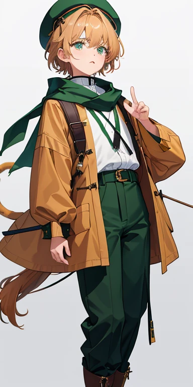 younge boy，Height 140cm，adolable，Caramel color short hair，Lake green eyes，Caramel colored cat ears and tail，shorter pants，Long-sleeved skirt，Brown knee-length boots，Chinese elements，medium beret，beret with tassels，Green scarf tied around the neck，draw the ...